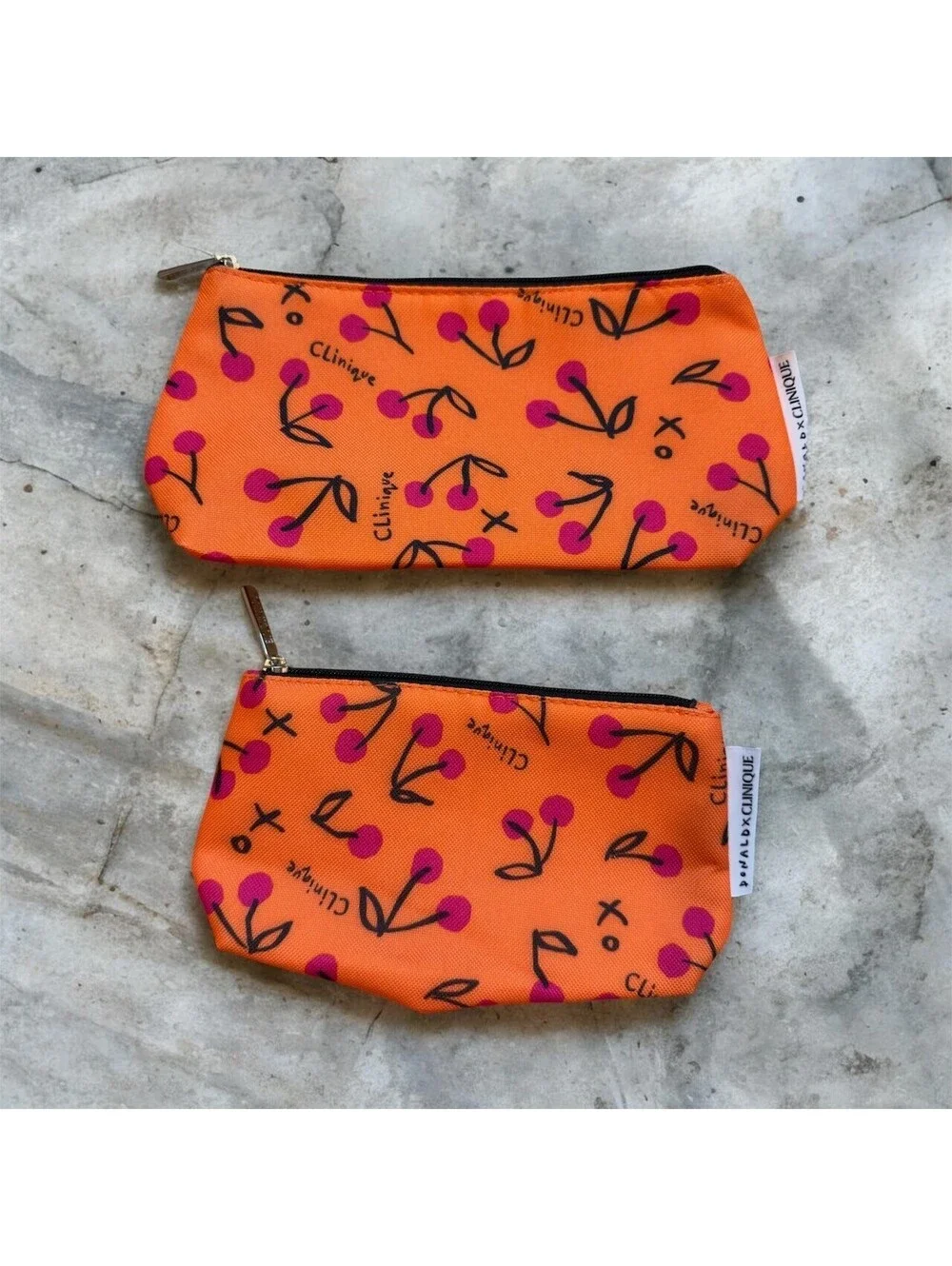 Donald Robertson x Clinique Cherry Print Cosmetic Bag Lot of 2 Orange Pink New